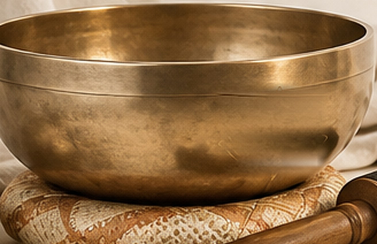 A brass singing bowl on its cushion with a wooden mallet